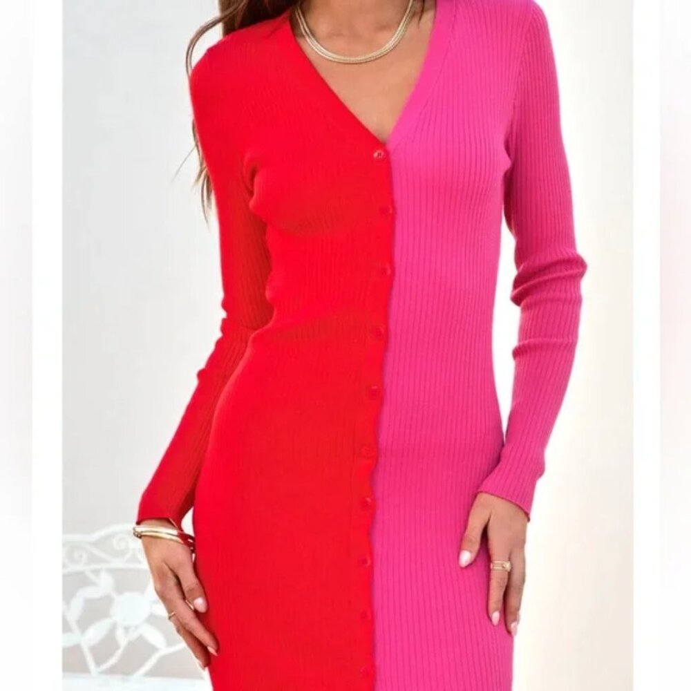 Sassy Pink Red Ribbed Colorblock Button Up Midi Dress - Picture 4 of 7
